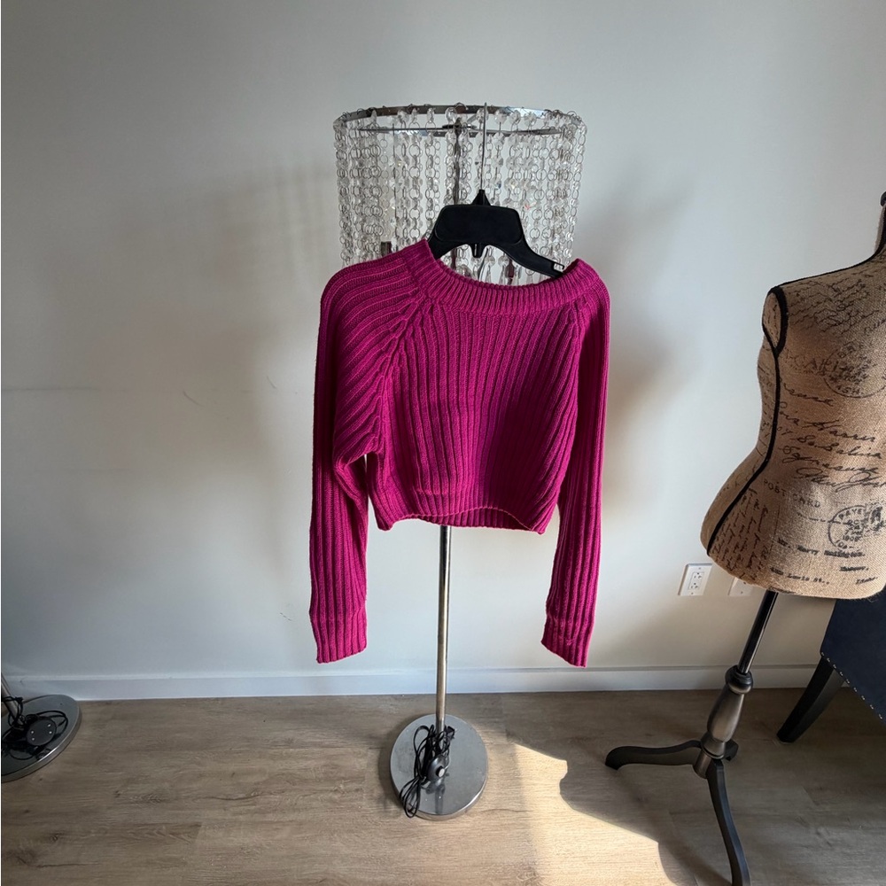 Cropped Ribbed Sweater - Magenta Pink